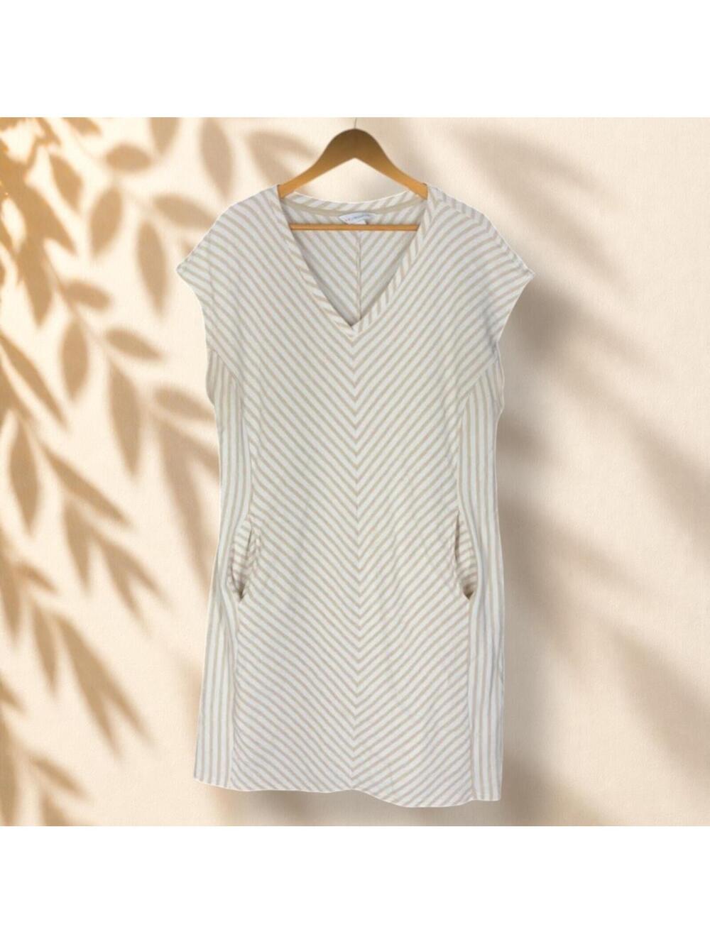 Liz Claiborne Dress Women 2XL Beige Striped Sheath Midi V-Neck Pockets Cotton